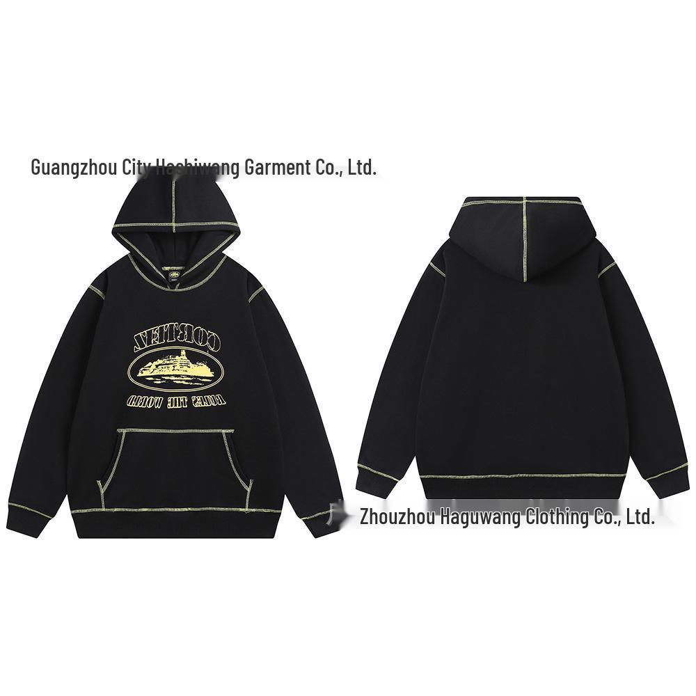 Cross-border CORT Demon Island Letter Print Unisex Plus Velvet Hooded Sweatshirt & Sweatpants Set