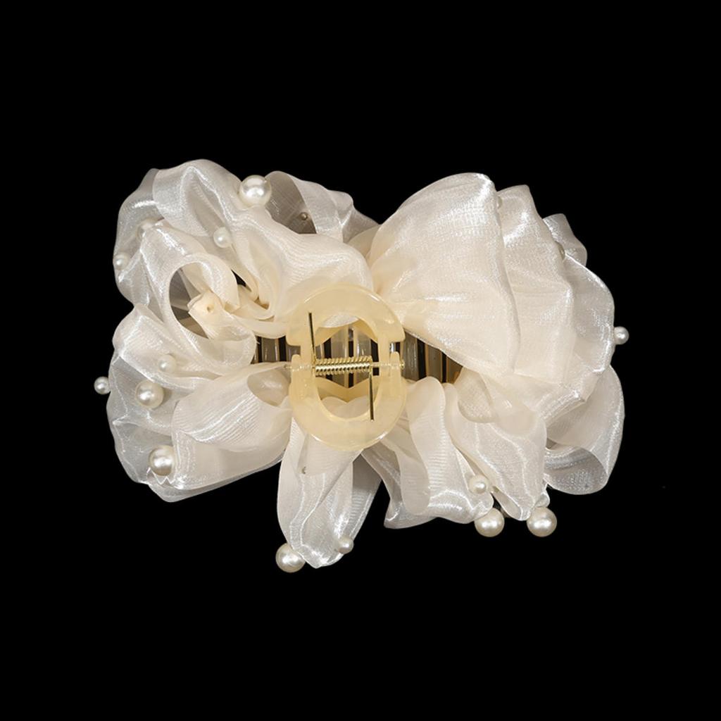Hair Claw For Women Large Pearl Bow Gauze Shark Gripper Claw Elegant Exquisite Updo Hair Clip Girls Hair Accessories