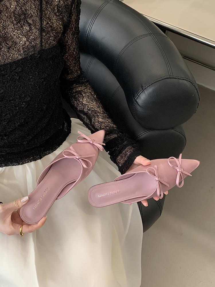 Fashion Fashion Butterfly-Knot Ladies Thin Heels Shoes Pointed Toe Pumps Slides Footwear Women Medium Heels Female Slippers Mules 2025