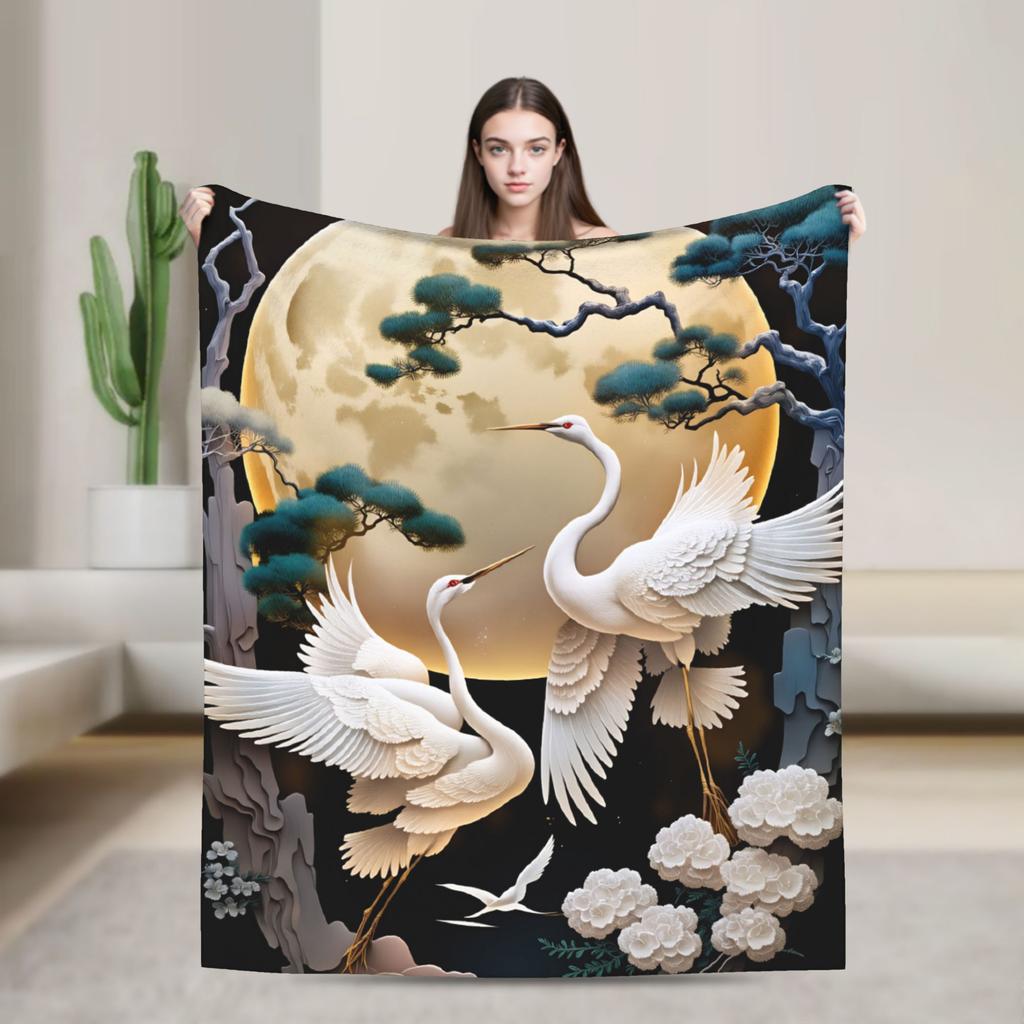 Chinese Style Crane Plush Blanket Children Flannel Throw Blanket For Living Room Super Warm Custom DIY Quality Bedspread Gift