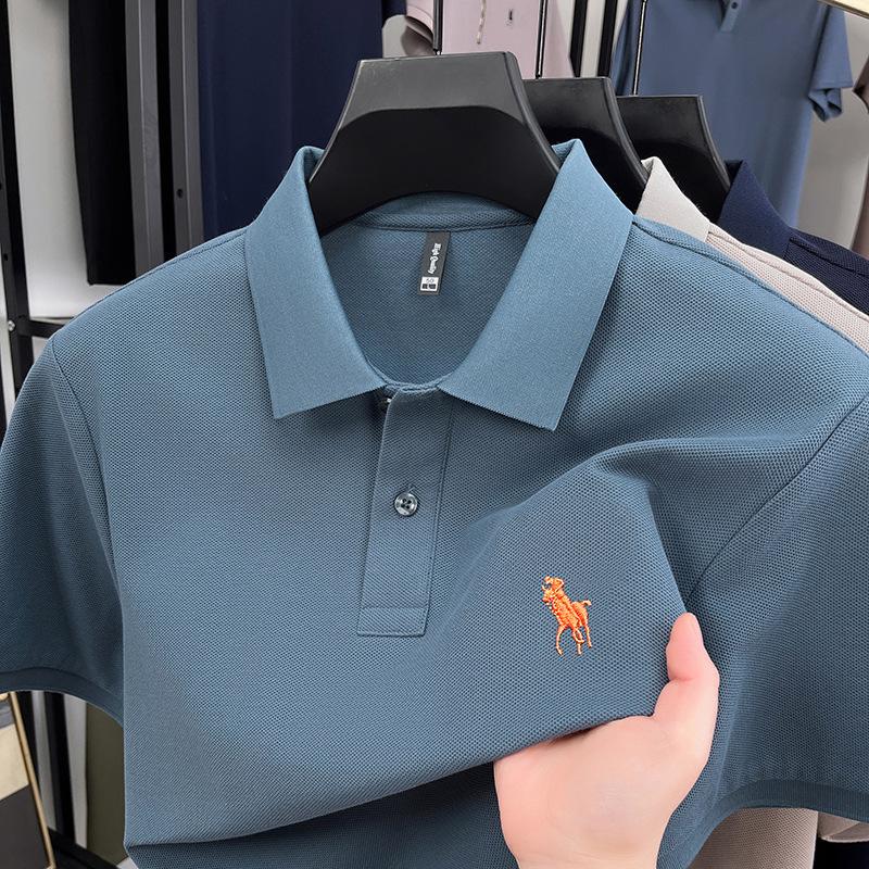 Pánské polo tričko s krátkým rukávem z perlové bavlny, luxusní, ležérní, s půl rukávem a vyšívaným logem poníka, klopou