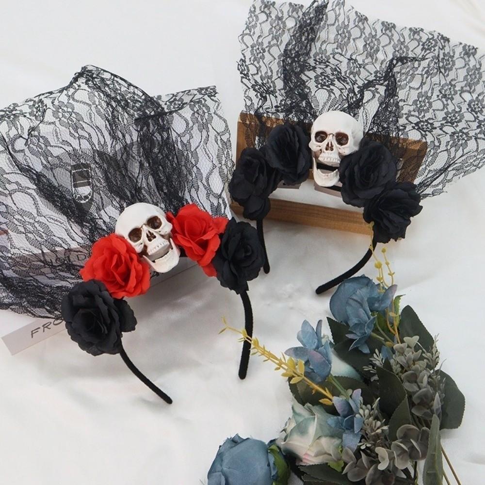 Lace Rose Skull Hair Band Black Cosplay Headdress Funny Halloween Headband  Prop