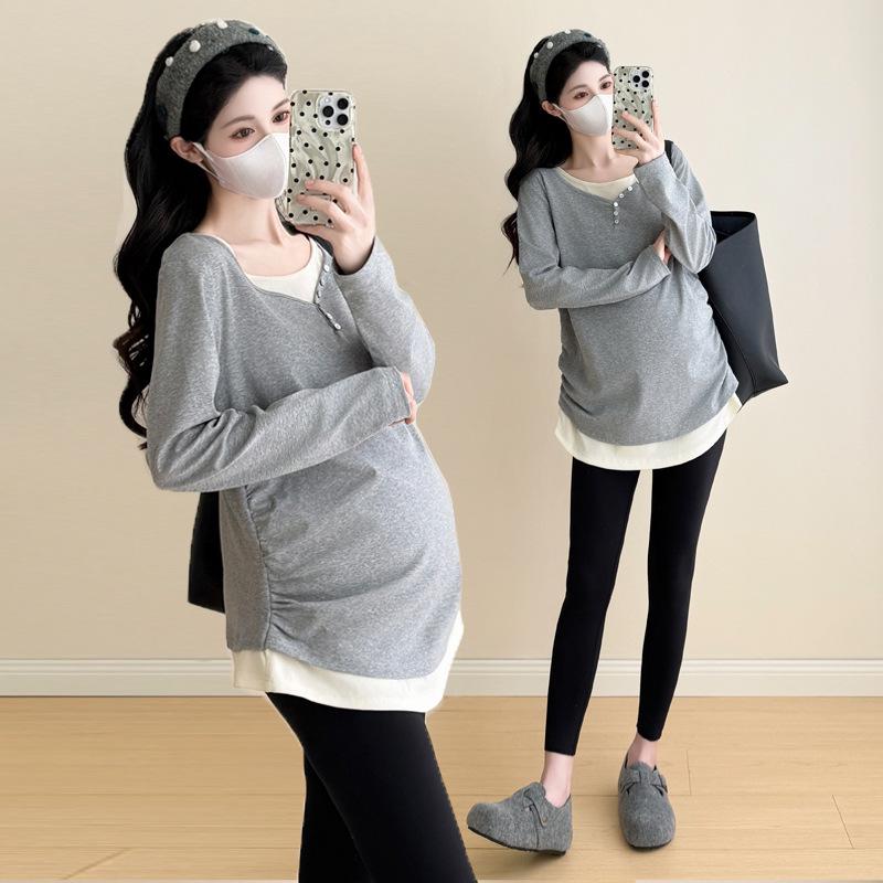 2026 Korean Style Ribbed Knit Maternity T-Shirt - Long Sleeve, Loose Fit, Fashionable Base Layer 4XL