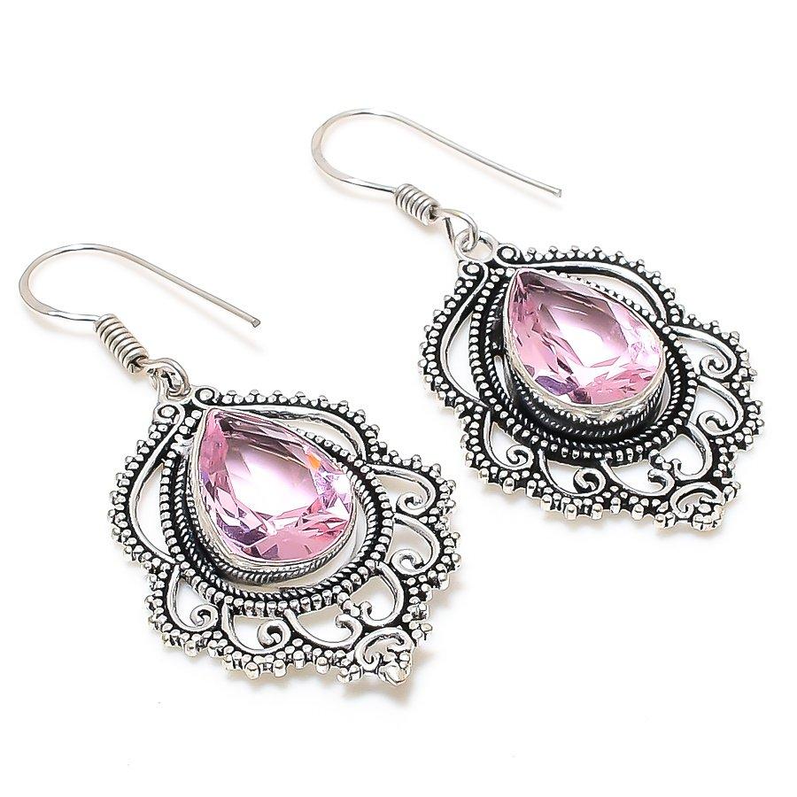 Pink Kunzite Gemstone 925 Sterling Silver Jewelry Earring 1.85 "Gift For Her