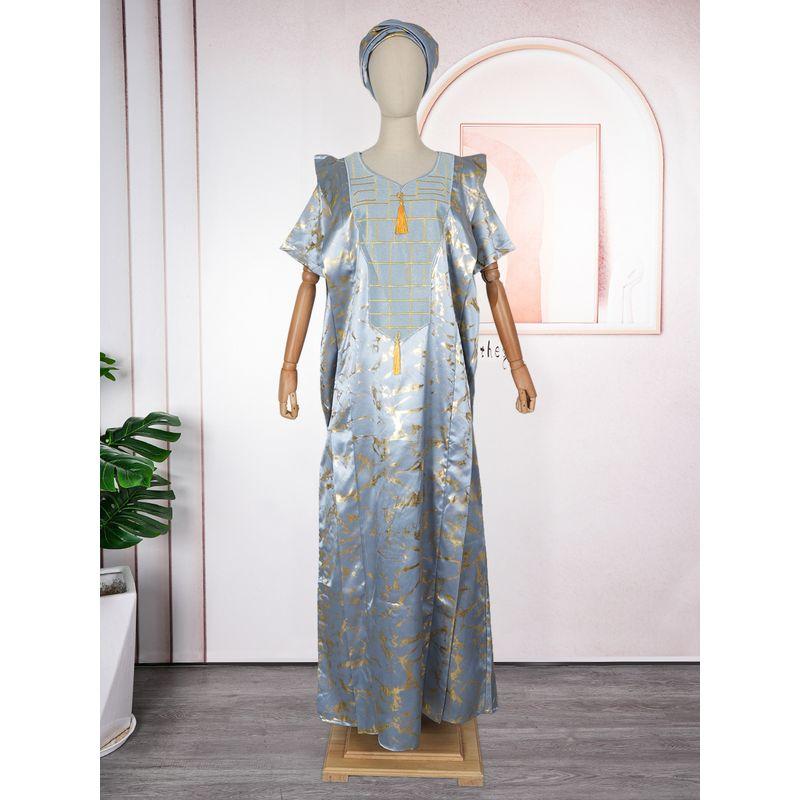 Summer African Indonesian Glossy Fabric Printed Tape Headscarf Short sleeve Robe Loose Women Tassel Dress Dresses