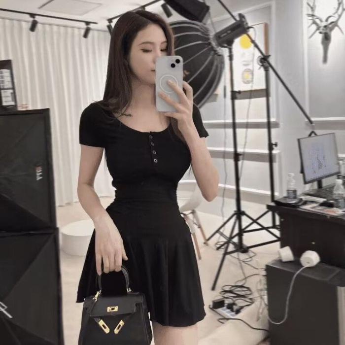 Gray Square Neck Short Sleeve Petite A-Line Mini Dress with Cinched Waist