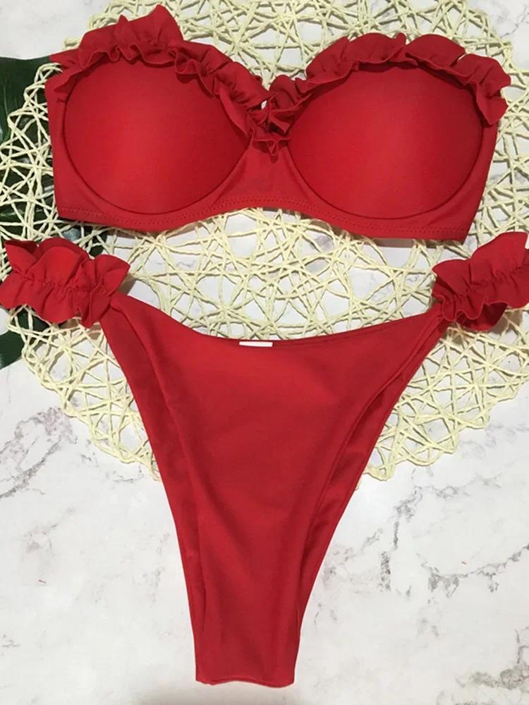 Sexy Ruffled Frilled Bra Cup Bikini 2026 Women Bandeau Swimsuit Female Swimwear Two Pieces Bikini Set Push Up Bathing Suit Swim