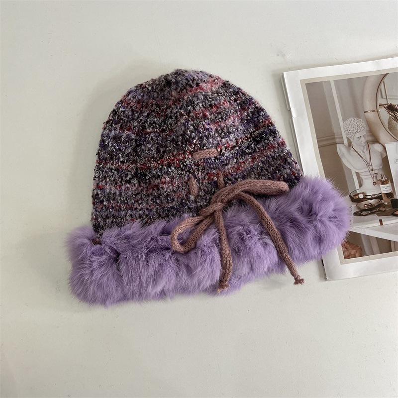 

Niche mixed-color rabbit rough edge warm big head circumference knitted hat women s new autumn and winter design sense strap headgear M（56-58cm）