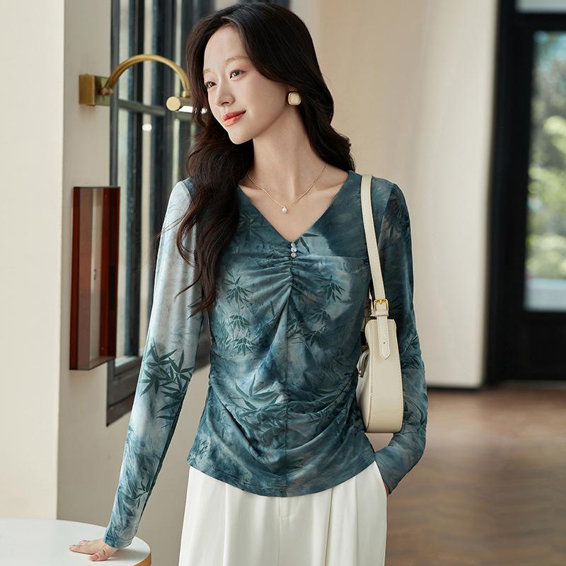 

Женская рубашка с V-образным вырезом и сетчатым принтом. Новая модная футболка с длинными рукавами на весну. 3XL