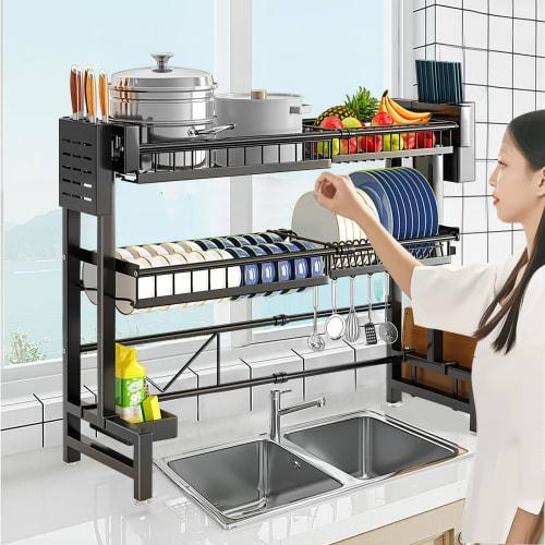 JPSunBloom Over-the-Sink Extendable Dish Drainer, Stainless Steel, Large Capacity, Dish Stand, Knife Stand, Cutting Board Holder, Multi-Function Stora