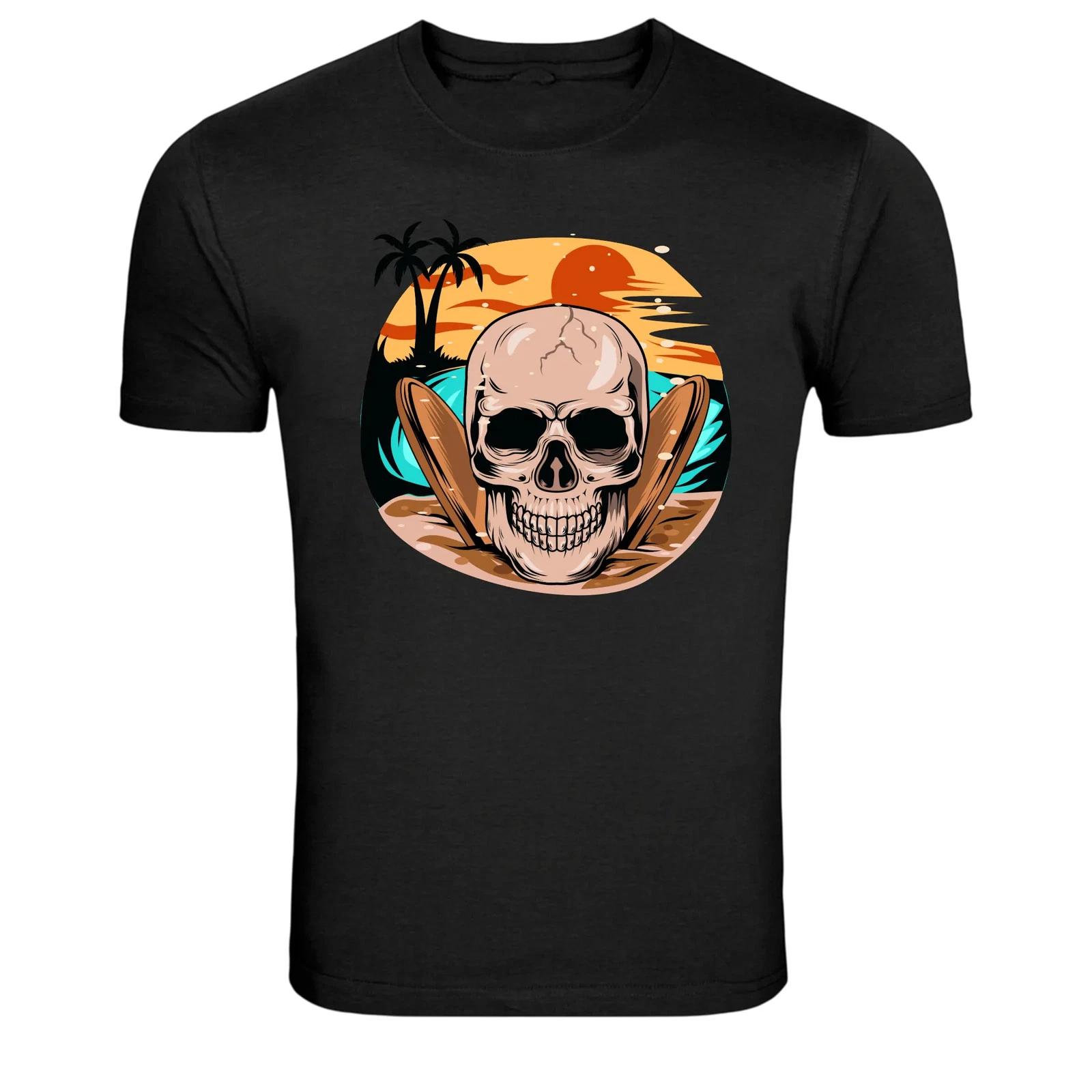 Surf Skull Beach Sunset Graphic T-Shirt Summer Ocean Tee S