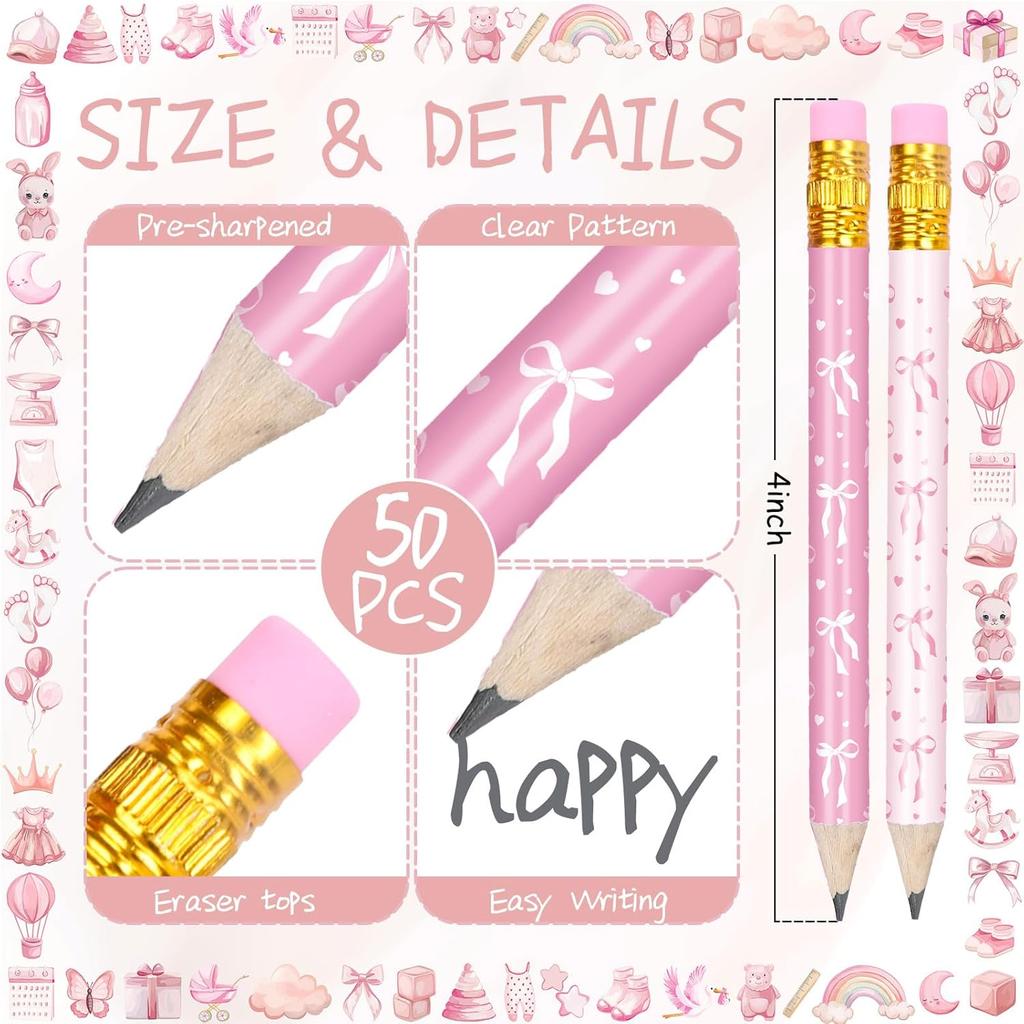 50Pcs Pink Bow Short Pencil with Eraser Trendy Bowknot Writing Pencil Wood Mini Pencils for School Classroom Office Stationery Supplies, 4 Inch