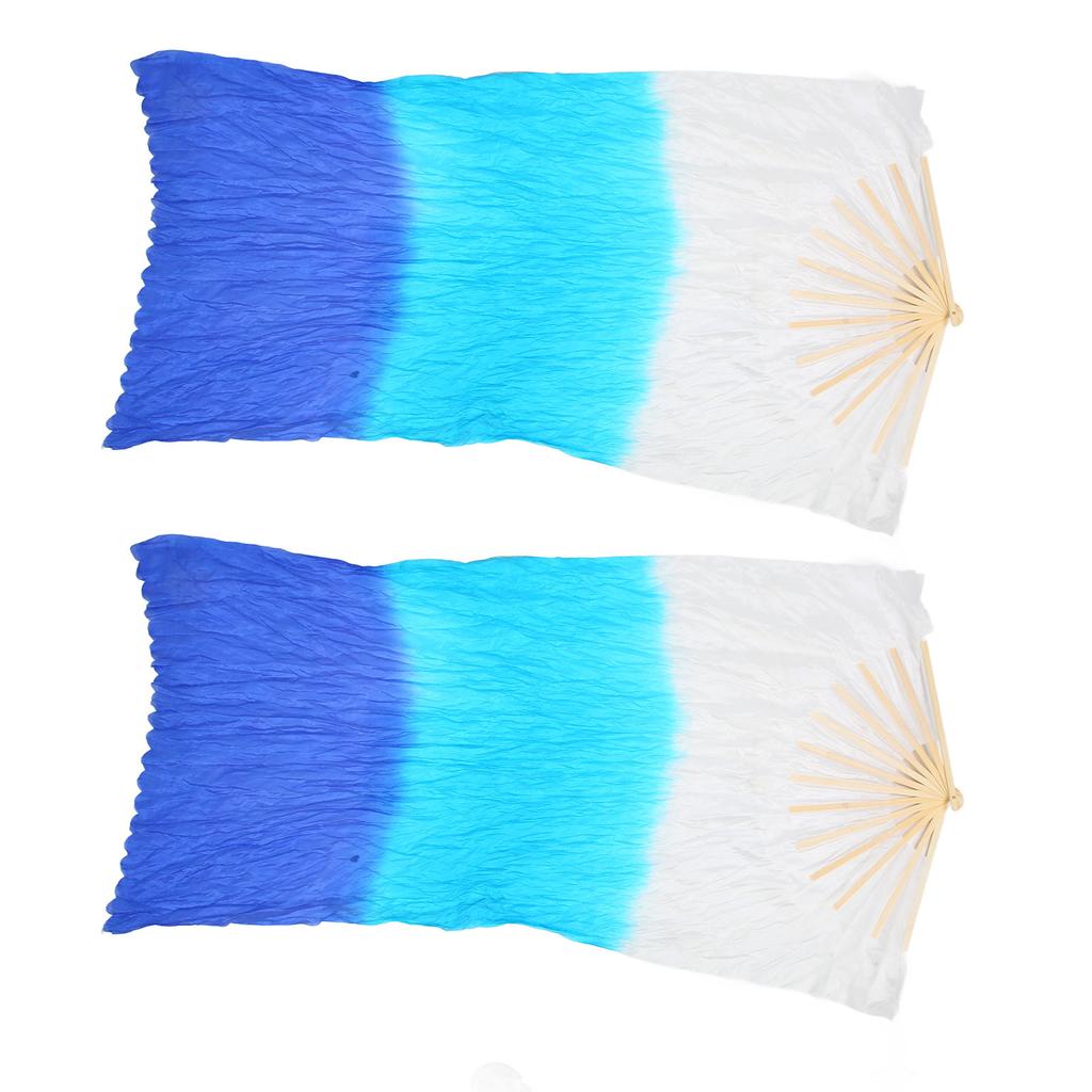 2Pcs 1.5m Artificial Silk Belly Dance Bamboo Fan Tricolor Square Dancing Fan Dance Props White Cyan Blue