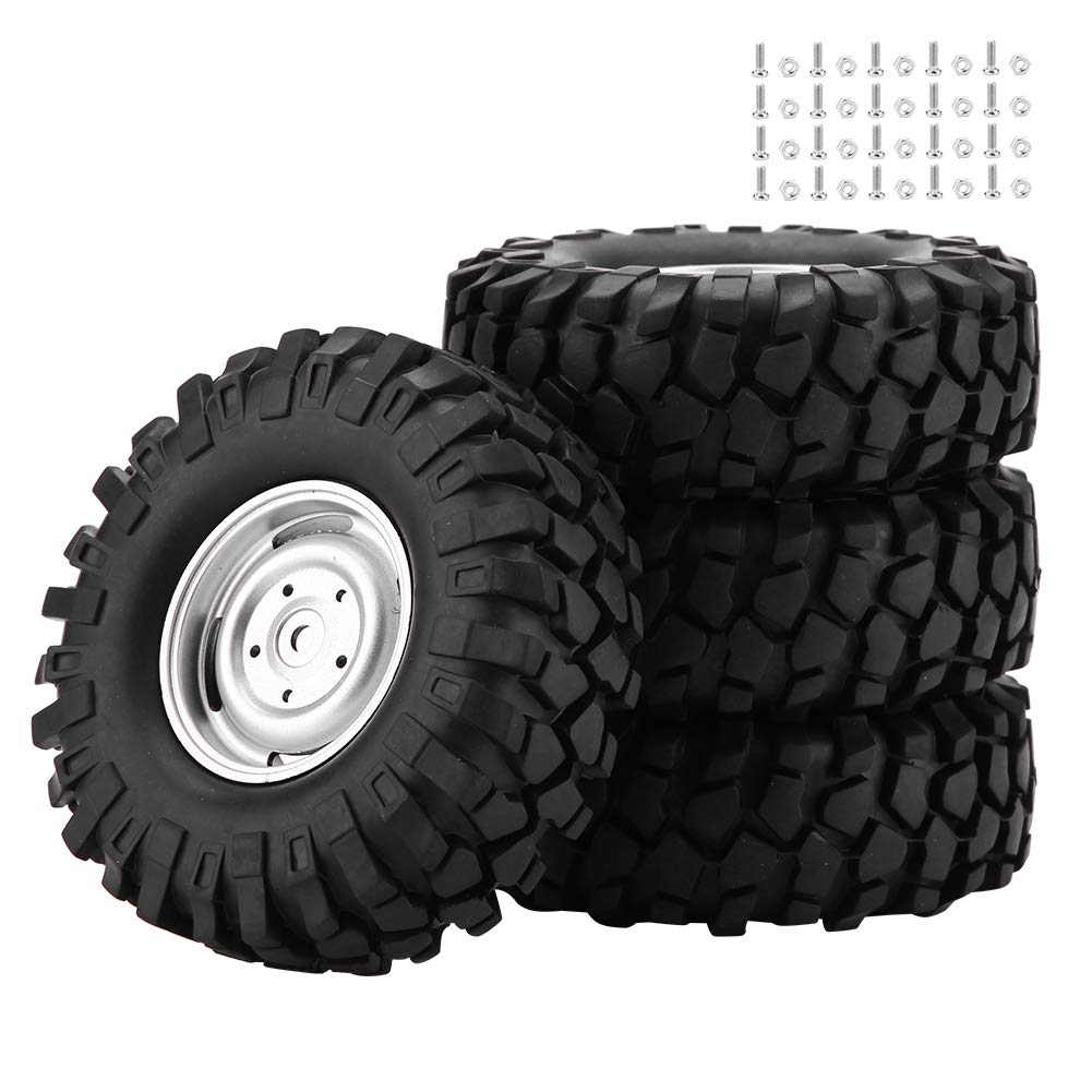 RC Tires, 110 Scale RC Wheels, Non-Slip, for Crawlers and Trucks, Set of 4, with Hubs, Ideal for Off-Road Racing, Endurance Races, Camping, Parties,