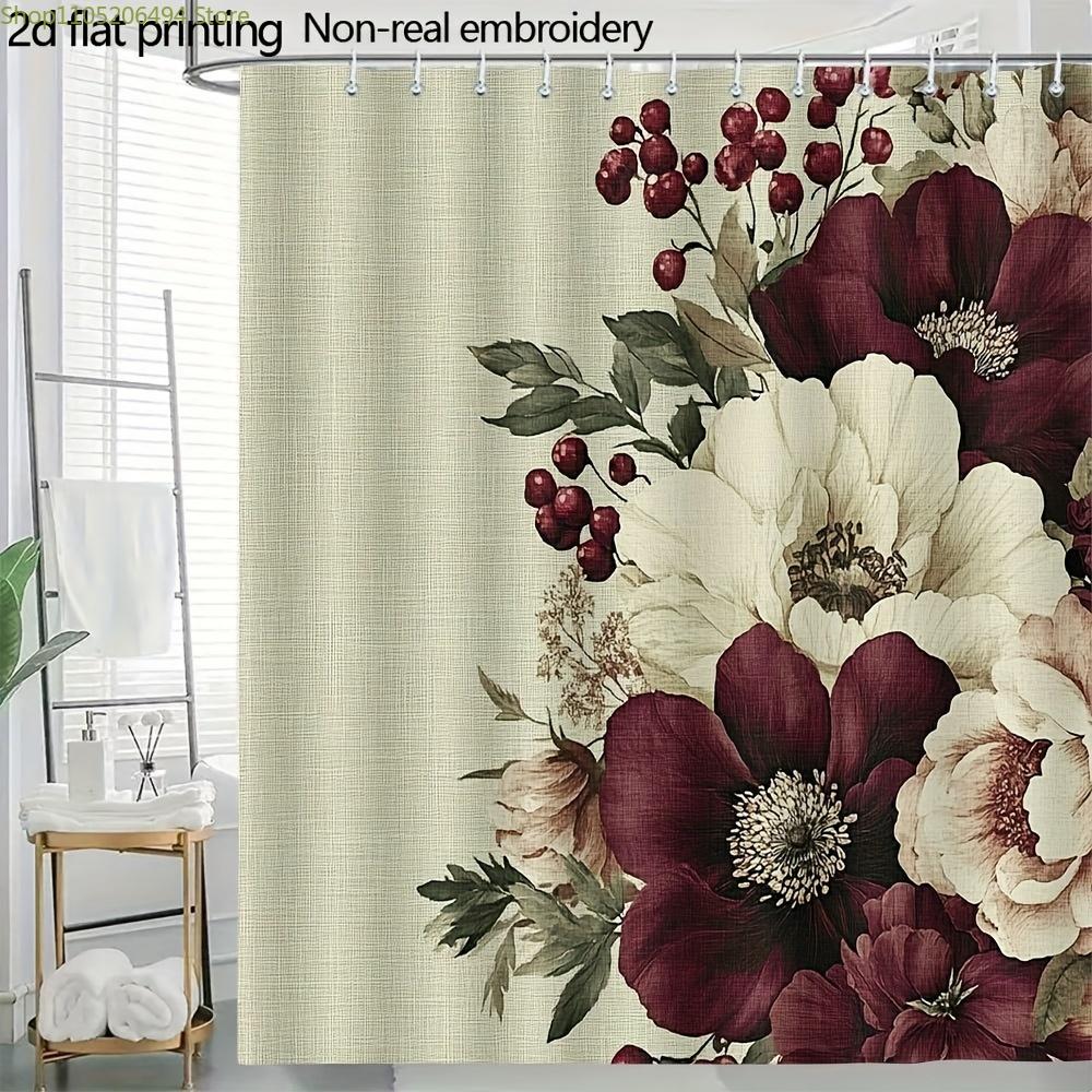 1 pièce Rideau de douche floral 71x71 pouces - Grandes fleurs bordeaux et crème avec feuilles vertes, Polyester lavable en machine, Élégant B