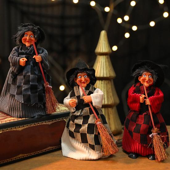 Halloween Witch Ornaments Spooky Witches Figures with Broomsticks Desktop Statue for Haunted House Party Decor
