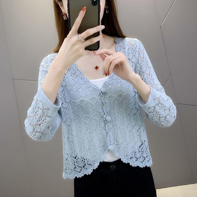 Summer Women's Cut-out Knit Sweater Thin Short Three-quarter Sleeve Sunscreen Cardigan