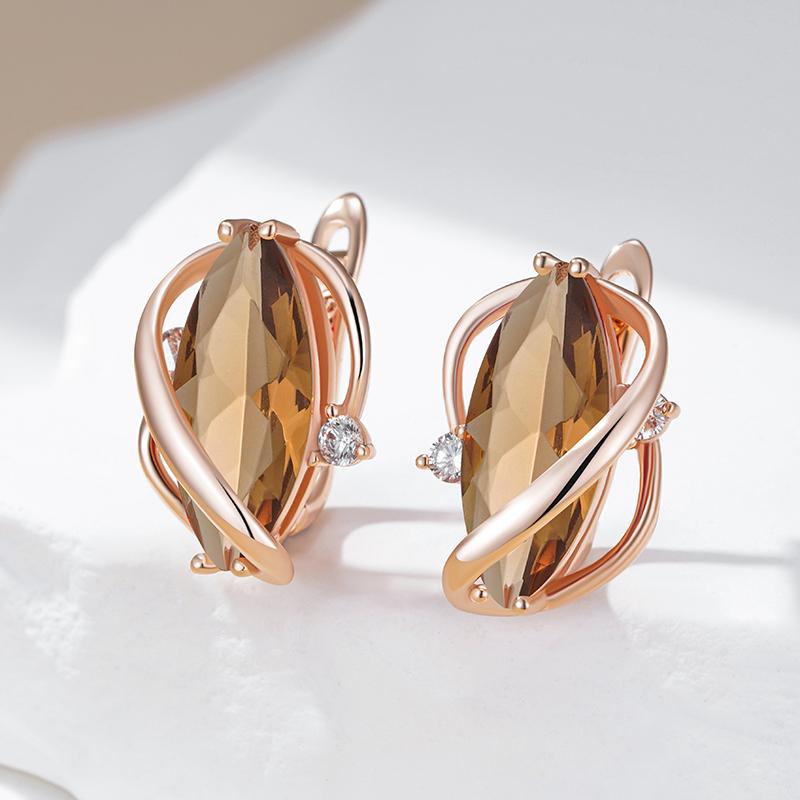 Shiny Brown Natural Zircon Drop Earrings For Women Fashion Rose Gold Color High Quality Daily Fine Vintage Jewelry