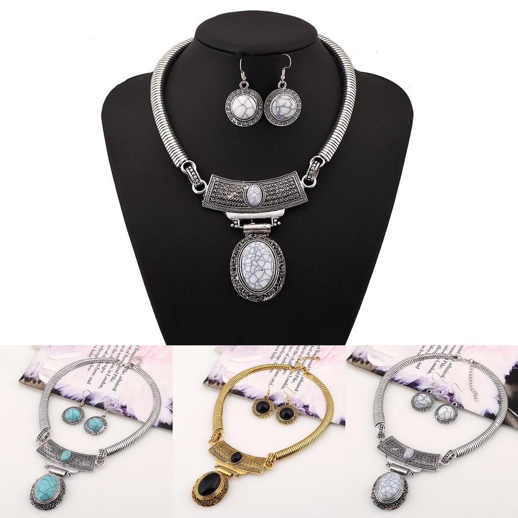 Ethnic Style Simulation Gemstone Decoration Women Necklace And Earring Set For Men And Women