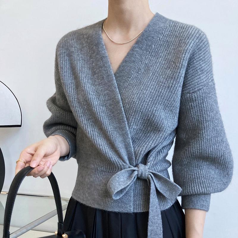 Advanced Sweater Knitwear Women Knitted Cardigan Fall Winter Tie V-neck Sweet Short Long-sleeved Knitted Tops