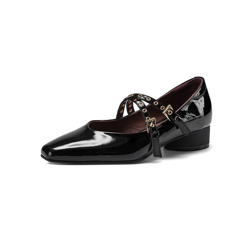 Krazing Pot Genuine Leather Square Toe Low Heels Summer Shoes Big Size 42 Buckle Straps Women Shallow Pumps
