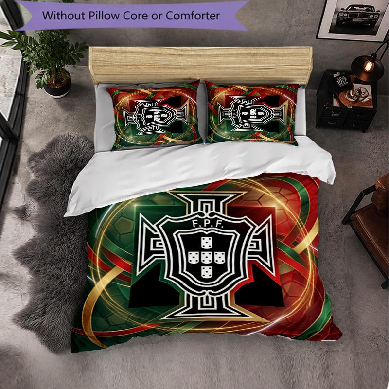 Portugal Football Pattern 3 Pieces Bedding Set Soft Microfiber Duvet Cover with Pillow Cases for Bedroom