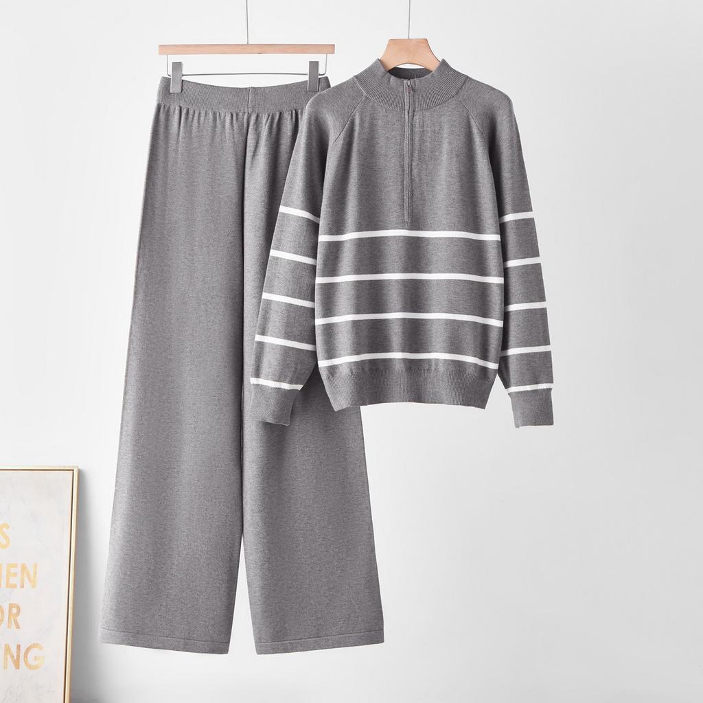 European and American sweater fashion suit striped winter foreign loose two-piece set women's knitted two-piece set