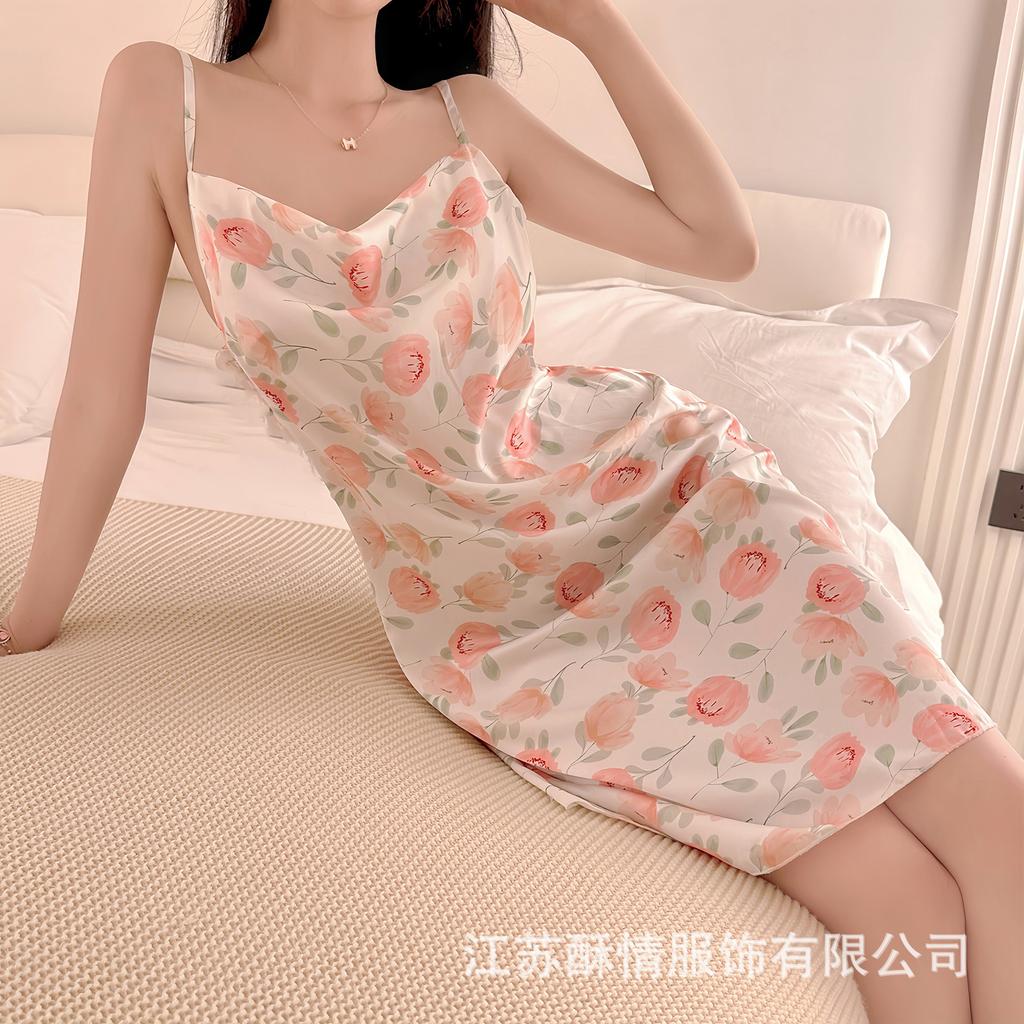 New Sexy Silk Pajamas Women's Suspenders Ice Silk Small Chest Swing Neck Printed Pajamas Spring and Autumn Sweet Loungewear Set