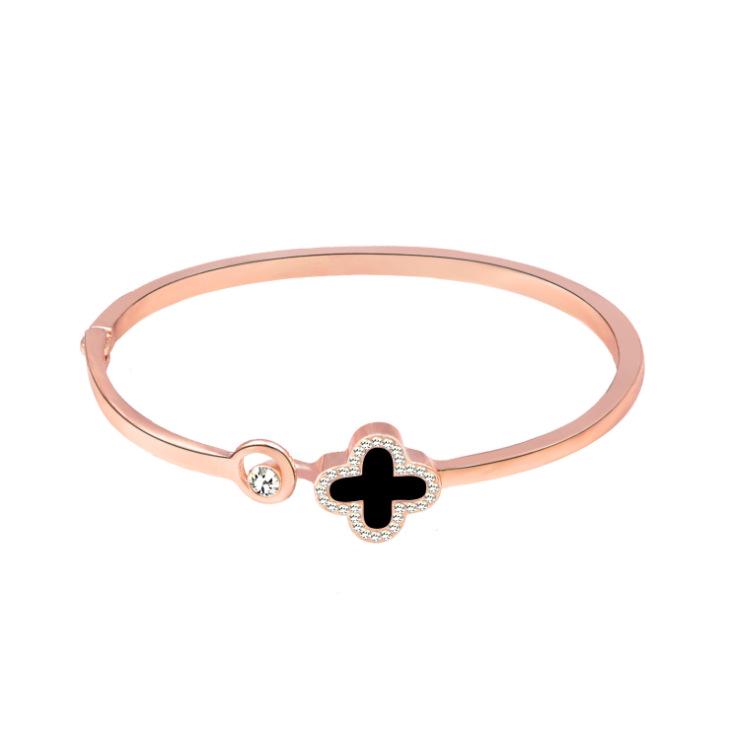 Korean Fashion Four-Leaf Clover Rose Gold Open Bangle - Versatile & Stylish Bracelet