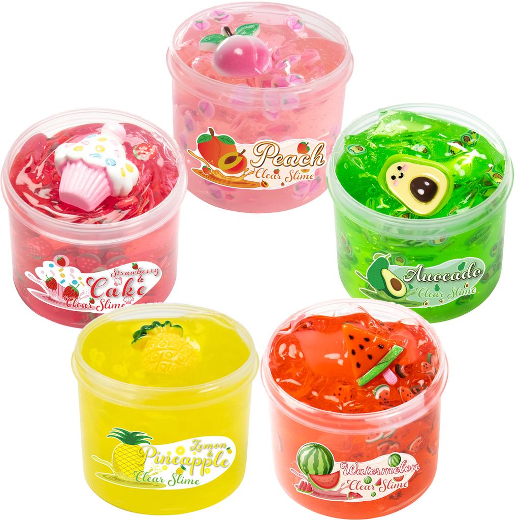 70ml Kristallklarer Schleim mit Wassermelone Pfirsich Avocado Ananas Anhängern - Nicht klebrige weiche Gelee-Knete für Party Weihnachtsgeschenk