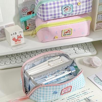 1PC Cute Horse Pencil Case Color-Block Plaid Dopamine Large Capacity Pen Bag Prism Grid Storage School Stationery Pouch