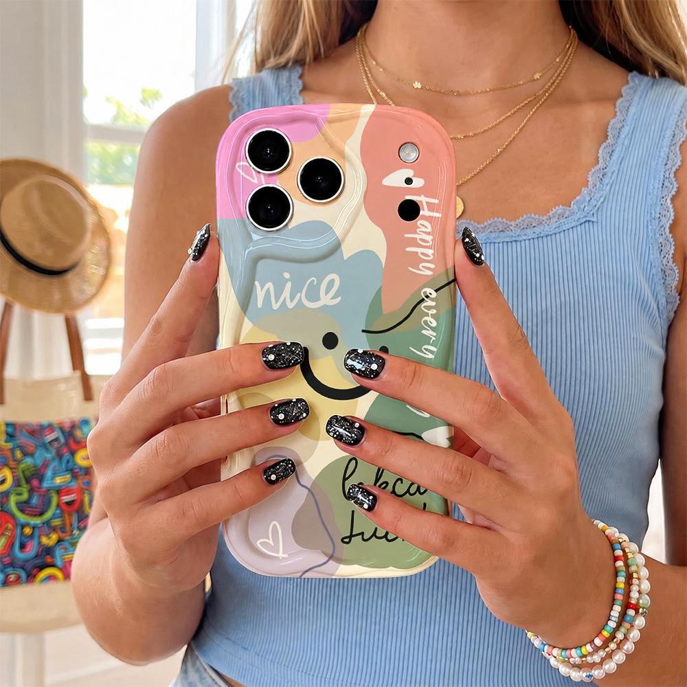 Pastel Smile Hand Letter Good Luck Phone Case For iPhone 17 16 15 14 13 12 11 Pro Max Plus Wavy Edge Cover