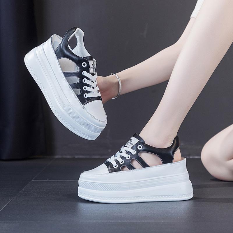 Fashion 9cm Hollow Full Cow Genuine Leather Women Summer Shoes Platform Sneakers Wedge Hidden Heel Women Summer Sandals Platform