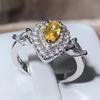 Classic Water Drop Yellow Zirconia Full Diamond Sparkle Ring Women Party Wedding 925 Stamp Fashion Jewelry Ladies Gift