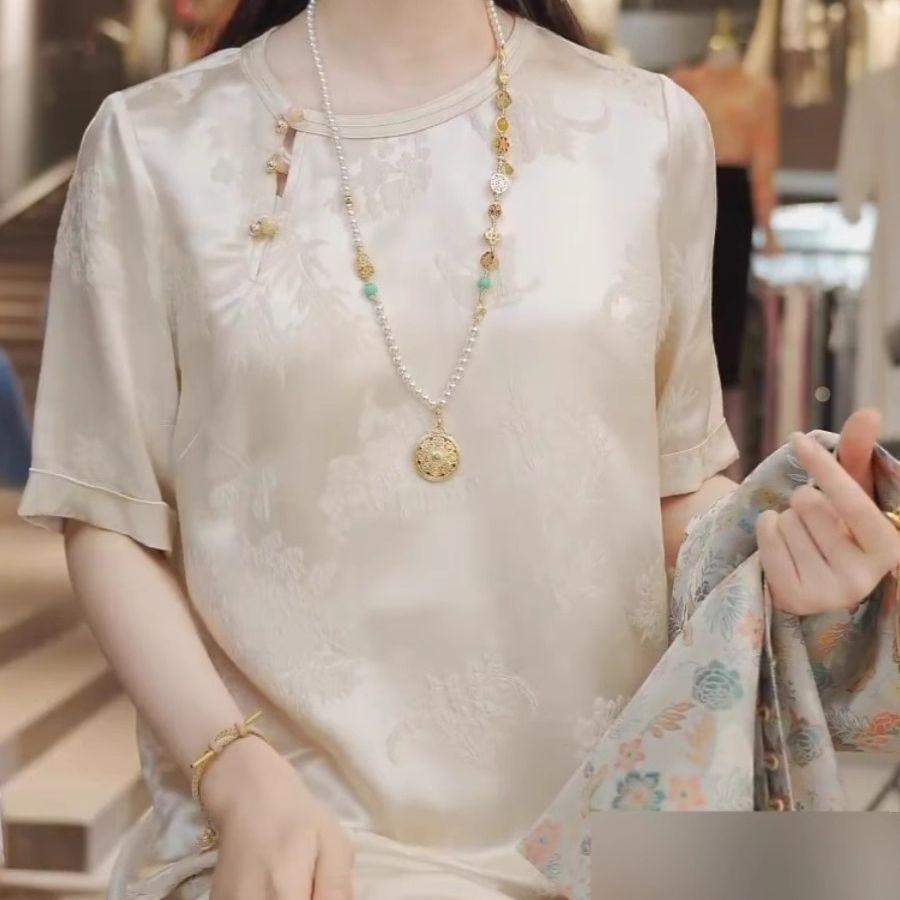 

Crew neck short-sleeved shirt retro flower pullover T-shirt women s summer new versatile trend 3XL (recommended 138-75kg)