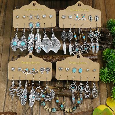 Vintage Style Turquoise Earrings For Women Geometric Silver Plated Animal Hollow Pattern Feather Bohemian Gift Party