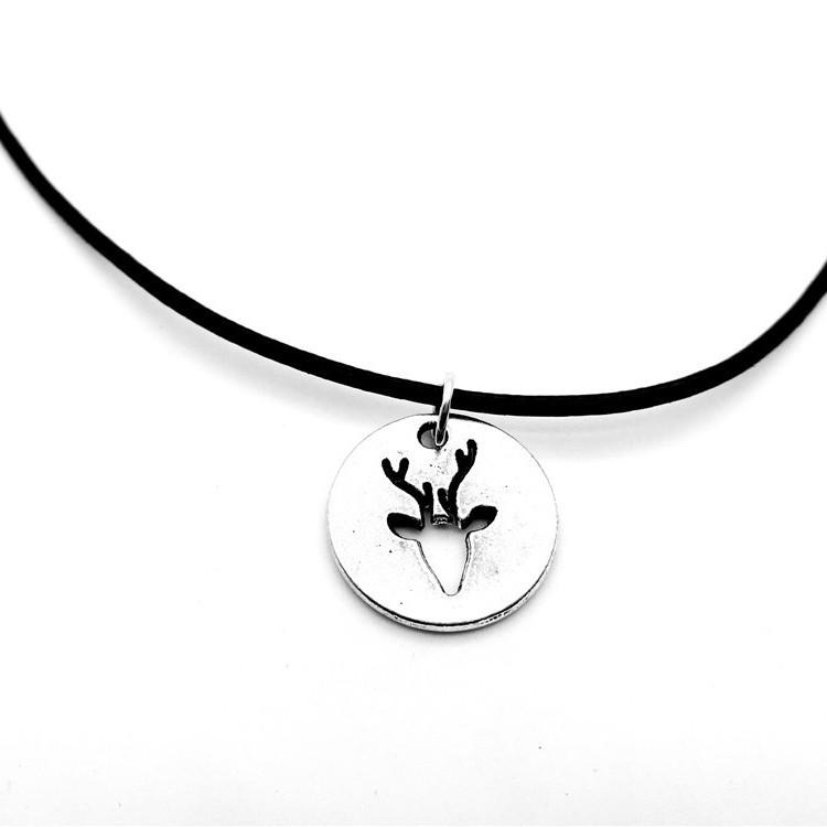 Minimalistisches Antiksilbernes Hirschkopf-Münzförmiges Lederhalsband