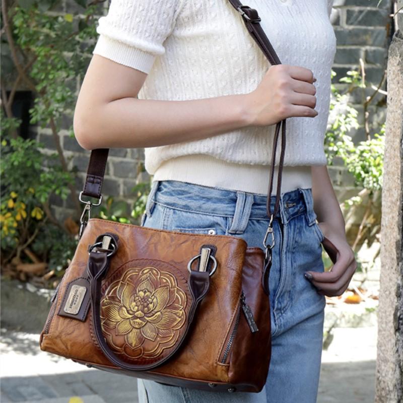 Johnature Women's Handbag Boston Bag Retro Embossed Handmade Large Capacity Versatile Shoulder Bag