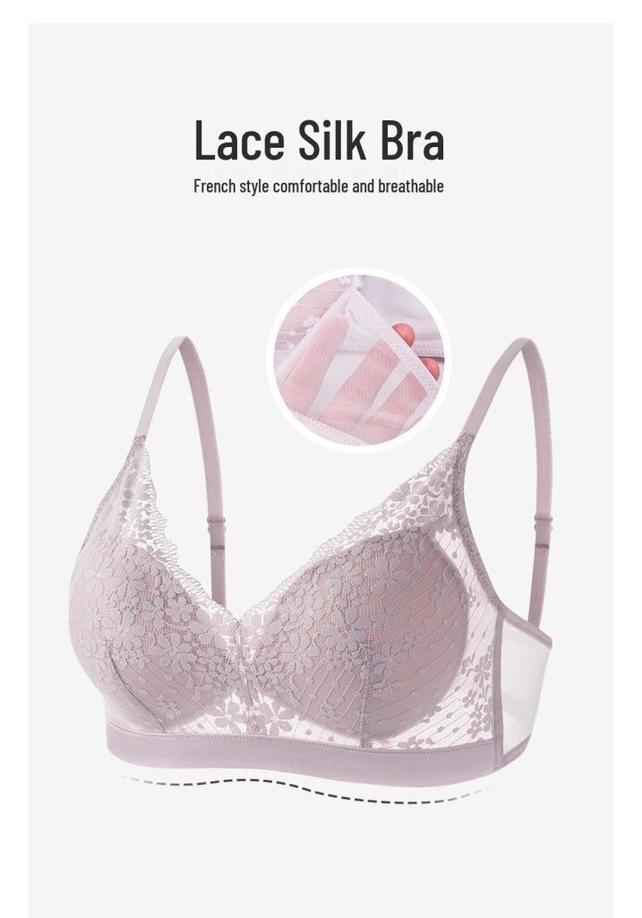 Ultra-Thin French Mesh Lace Bra: Breathable, Slimming Mulberry Silk Support for Large Breasts