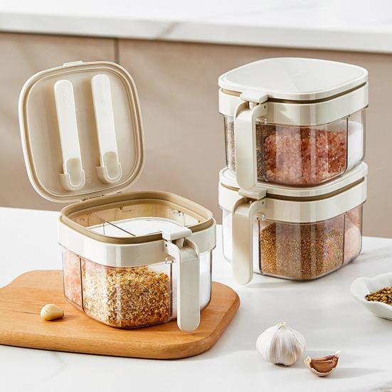 Multi-Compartment Spice Organizer with Spoon Clear Lid Stackable Seasoning Container for Salt Sugar Pepper BPA-Free Space-Saving Kitchen Storage for