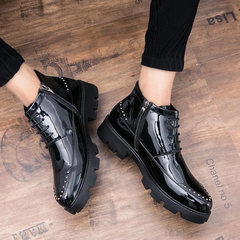 Boots Men Black Zipper Patent Leather Thick Soled Shoes European Youth Style Fashionable Chelsea Boots Size 38-44 Men Boots