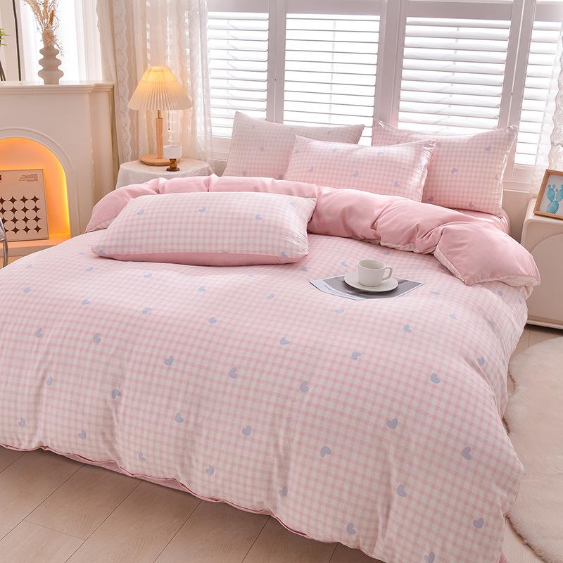 Plaid Solid Color Thickened Brushed Bed Sheet Four-piece Set Quilt Cover Single Piece Washed Cotton Dormitory Bedding Three-piece Set
