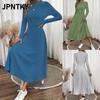 JPNTKY Moda Otoño Invierno Color Sólido Estampado Manga Larga Cuello Redondo Vestidos Casuales Diseño Internacional