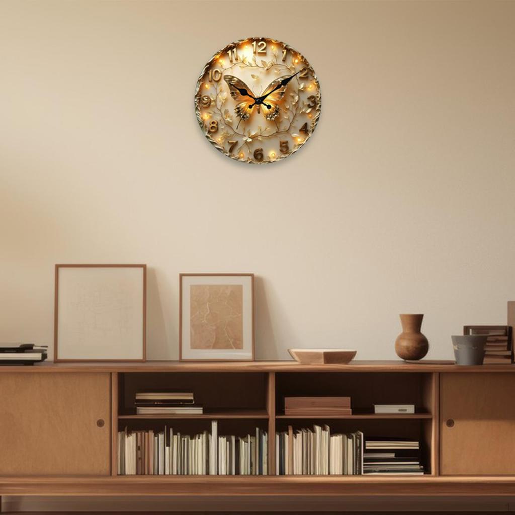 Wall Clock Artistic 2D Modern Round for Living Room Bedroom Non Ticking Analog Decorative Butterfly