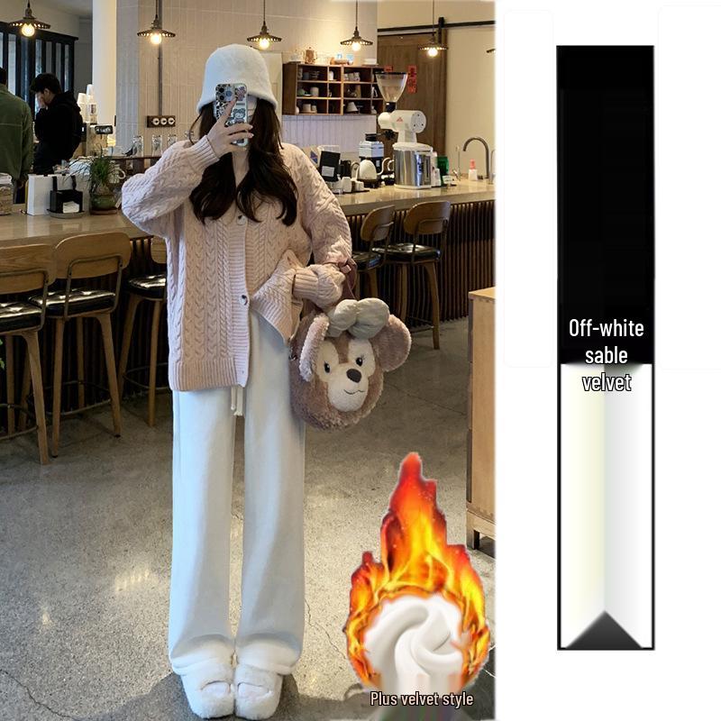 Women's Lambswool Wide-Leg Corduroy Pants, Winter 2025 New Style, Plus Velvet, Thickened, Warm, Casual Cotton Pants