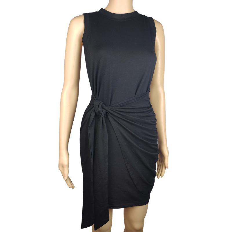 European beautiful women s sleeveless round neck pleated bow belt irregular dress S