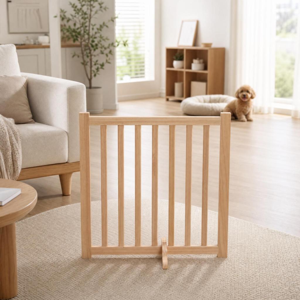 Wooden Pet Gate with Hinged Joints Natural-Finish for Apartments, Homes