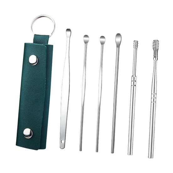 6-Piece Stainless Steel Ear Pick Set Spiral Ear Cleaner Tools with Faux Leather Case Home Ear Care Kit for Home Travel