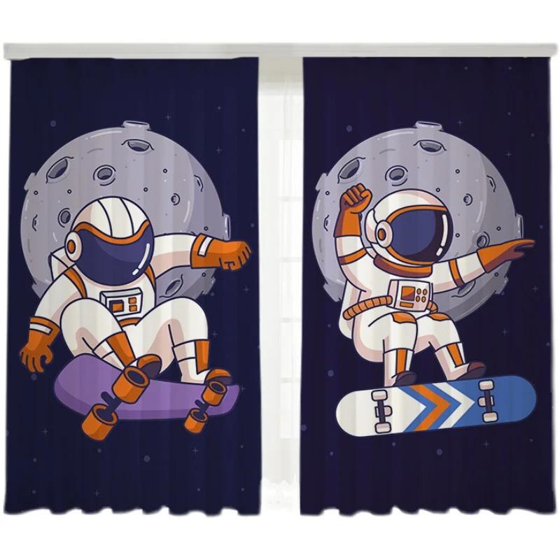Nordic Ins Style Cartoon Comics High Shading Curtain Space Astronaut Trend Creative Boy Children's Room Simple Curtains 2Pcs