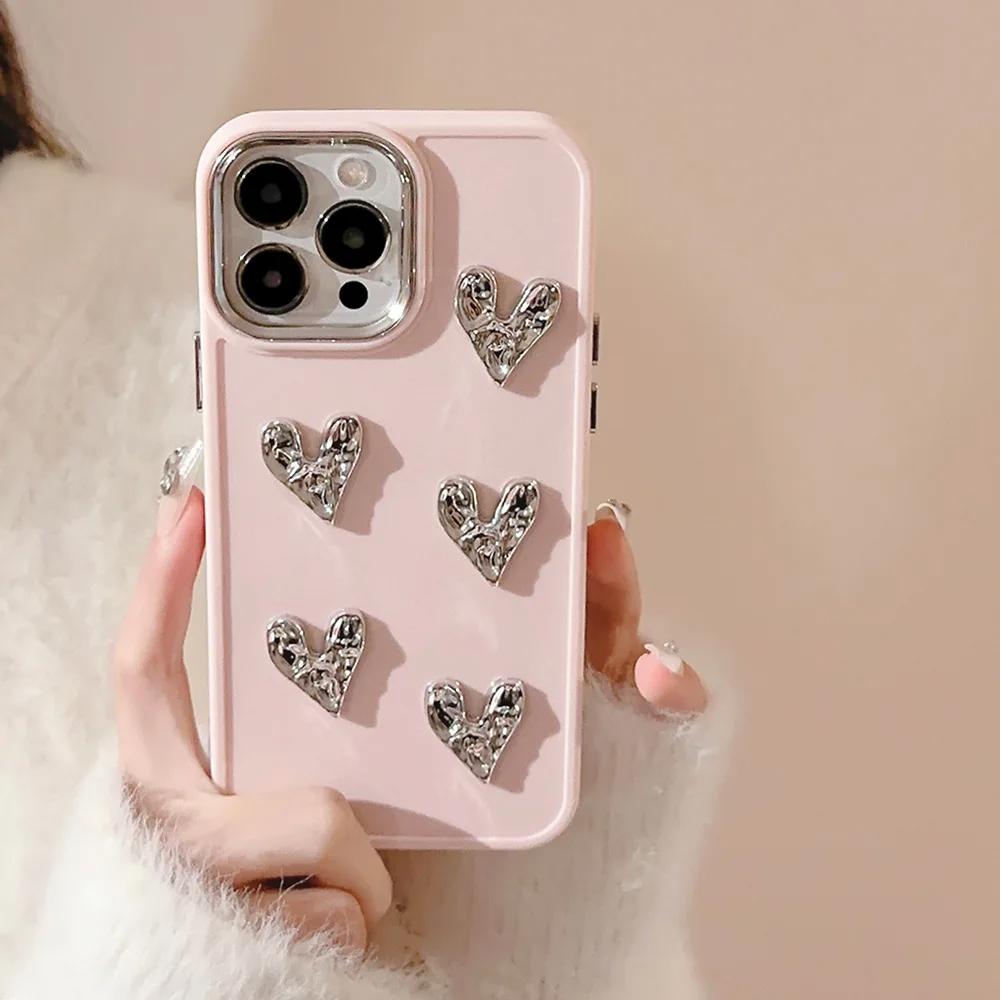Luxury Plating Wrinkle Love Heart Phone Case For iPhone 16 15 14 13 12 11 Pro Max X XS XR 8 7 Plus SE 2026 Bumper Silicone Cover